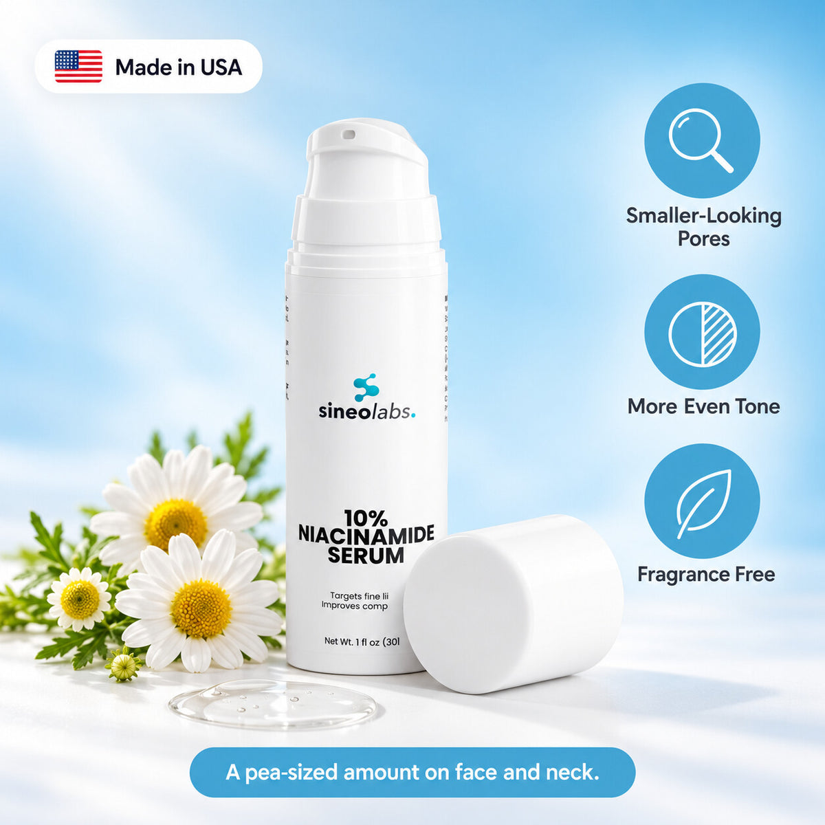 10% Niacinamide Serum with Hyaluronic Acid: Smaller-Looking Pores, More Even Tone, Fragrance Free