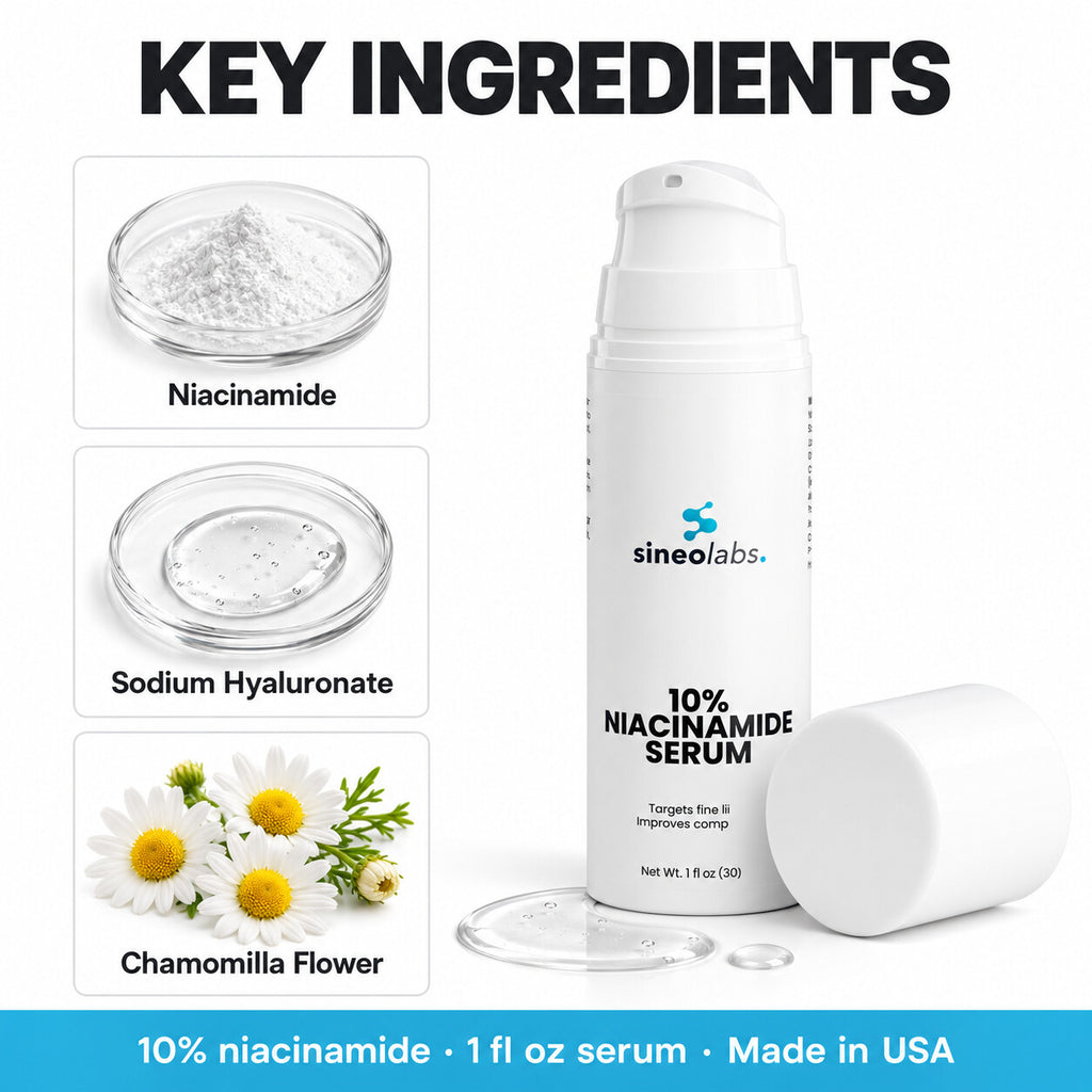 10% Niacinamide Serum with Hyaluronic Acid: Niacinamide, Sodium Hyaluronate, Chamomilla Flower