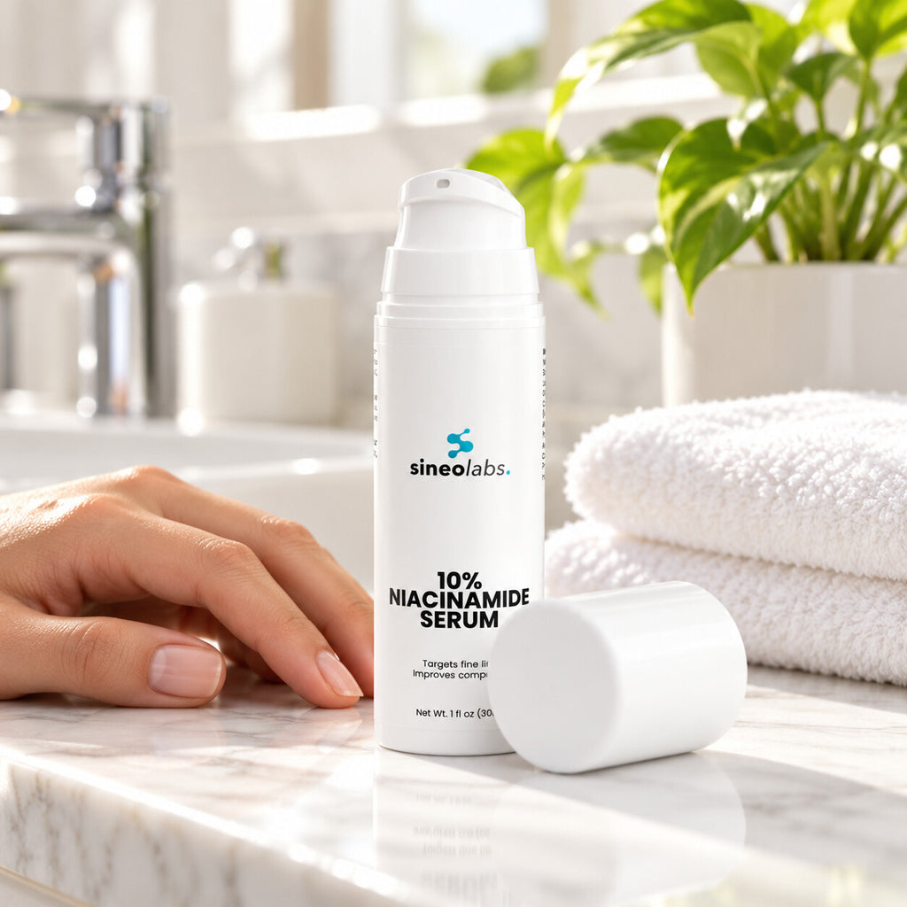 10% Niacinamide Serum with Hyaluronic Acid on a bright white bathroom counter in soft morning light beside a folded white towel and a small green plant