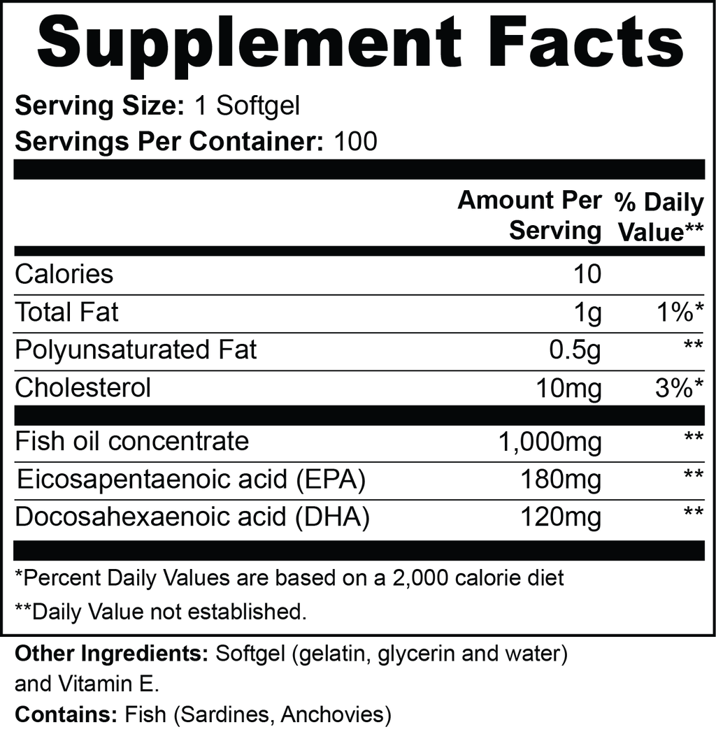 Omega-3 Fish Oil Softgels, EPA 180mg + DHA 120mg