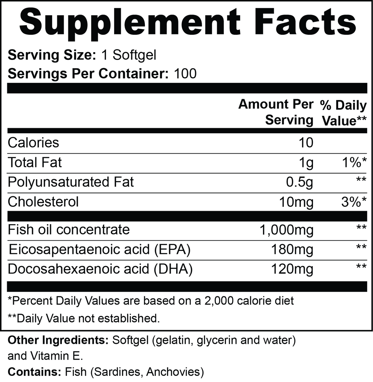 Omega-3 Fish Oil Softgels, EPA 180mg + DHA 120mg
