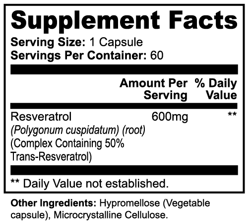 Resveratrol 50% 600mg Capsules, Trans-Resveratrol