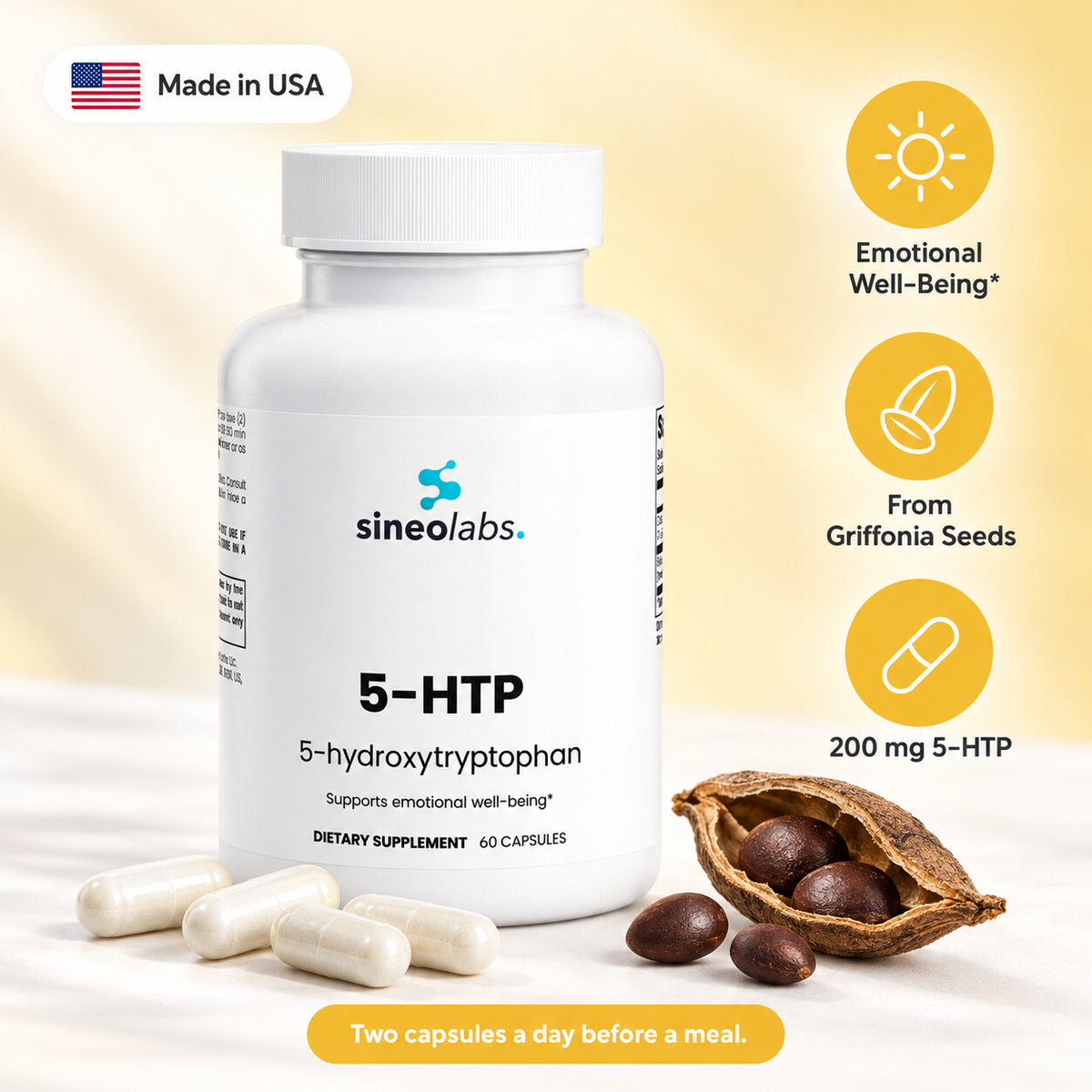 5-HTP Capsules 200mg from Griffonia Seed Extract: Emotional Well-Being, From Griffonia Seeds, 200 mg 5-HTP