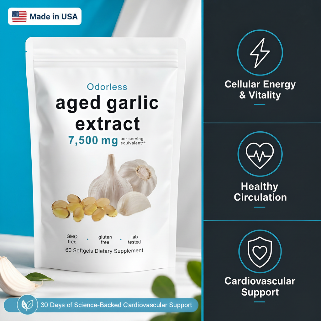 Package of aged garlic extract with health benefits listed on a blue and white background