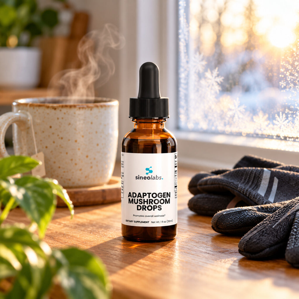 Adaptogen Mushroom Drops with Chaga & Reishi on a wooden kitchen table by a frosty window in soft early light