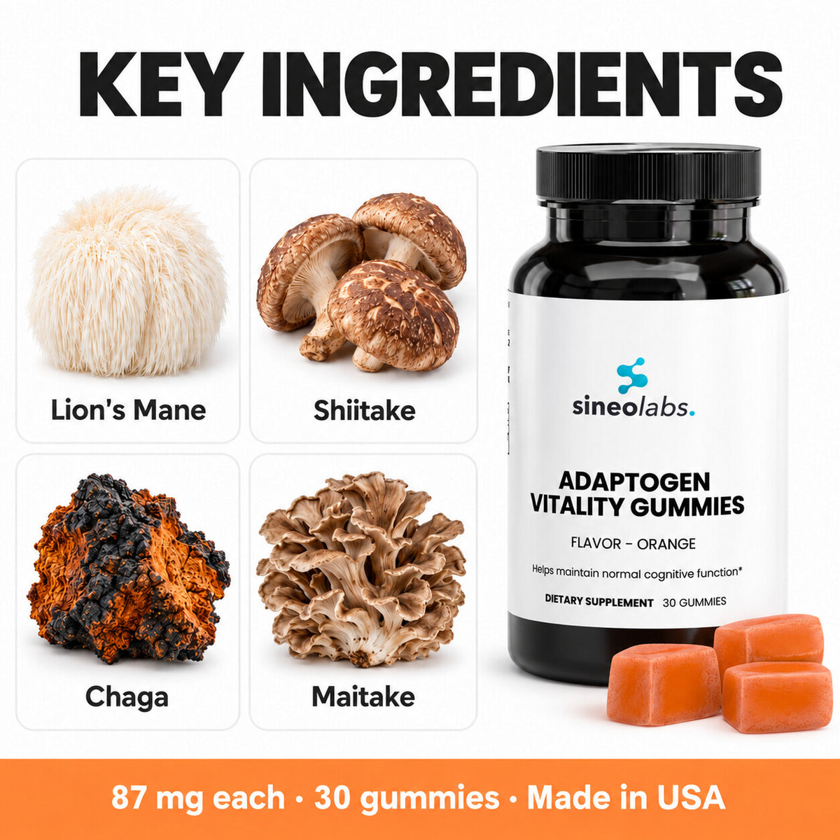 Adaptogen Vitality Gummies with Lion's Mane, Orange: Lion's Mane, Shiitake, Chaga, Maitake