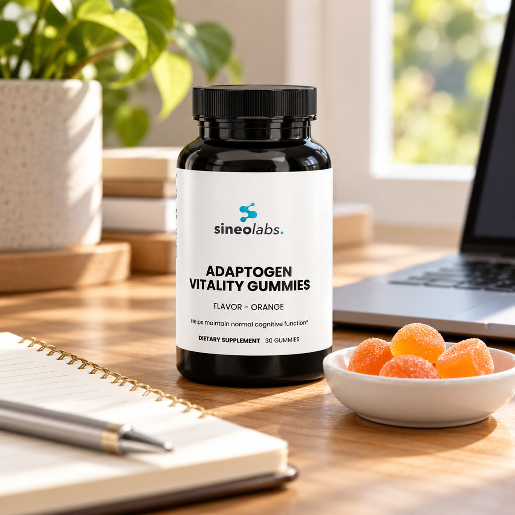Adaptogen Vitality Gummies with Lion's Mane, Orange on a tidy study desk in soft afternoon light