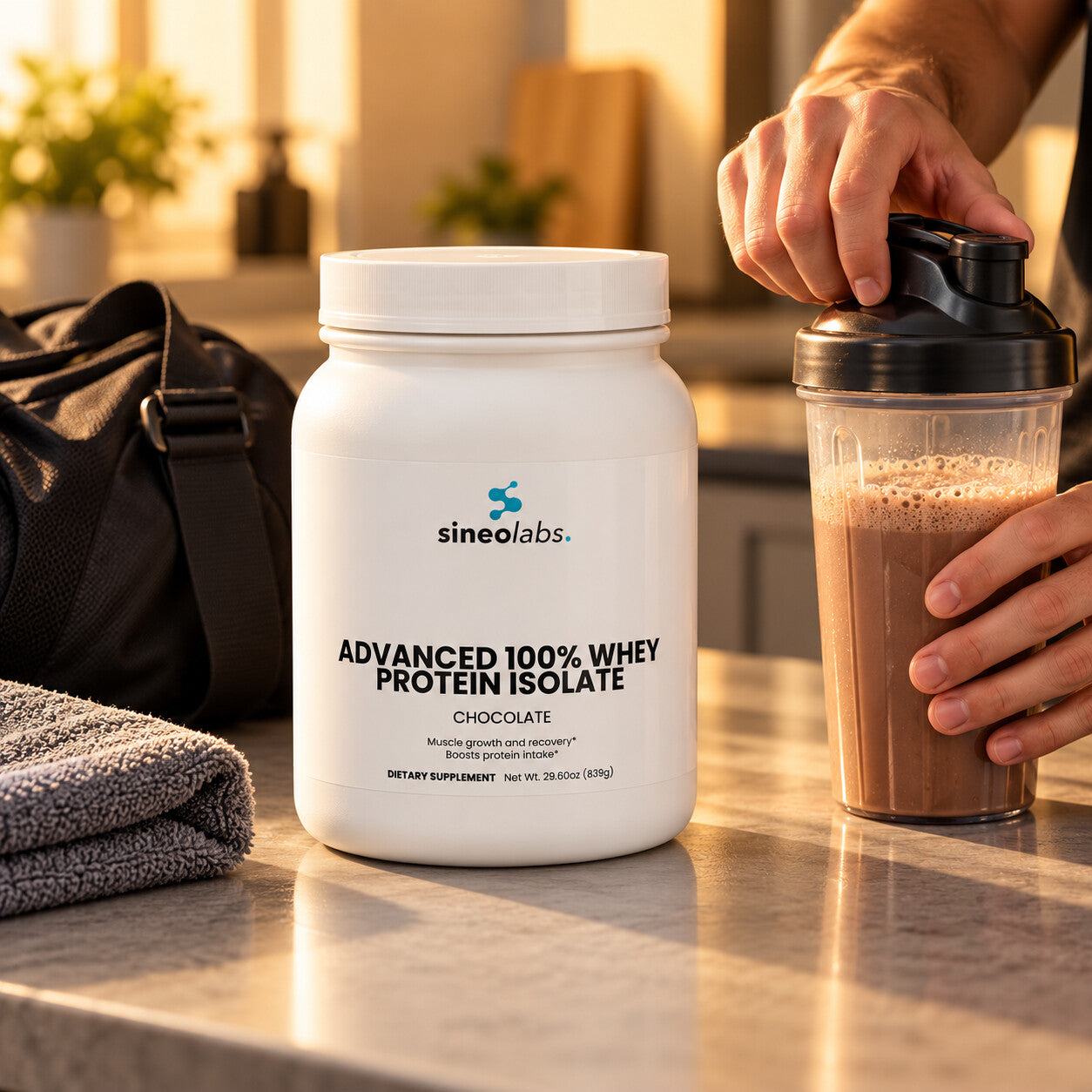 Advanced 100% Whey Isolate, 22g Protein, Chocolate on a kitchen counter in warm evening light beside a filled shaker bottle of chocolate shake