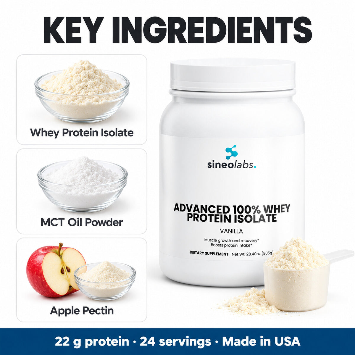 Advanced 100% Whey Isolate, 22g Protein, Vanilla: Whey Protein Isolate, MCT Oil Powder, Apple Pectin