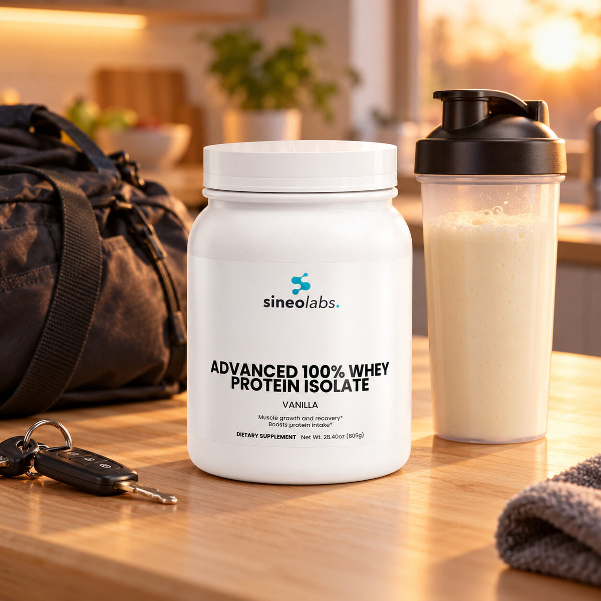 Advanced 100% Whey Isolate, 22g Protein, Vanilla on a light wood kitchen counter in warm evening light