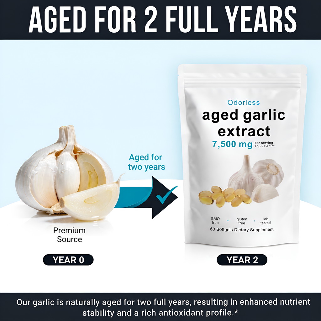 Garlic extract packaging with garlic and text indicating two-year aging process on a light blue background.