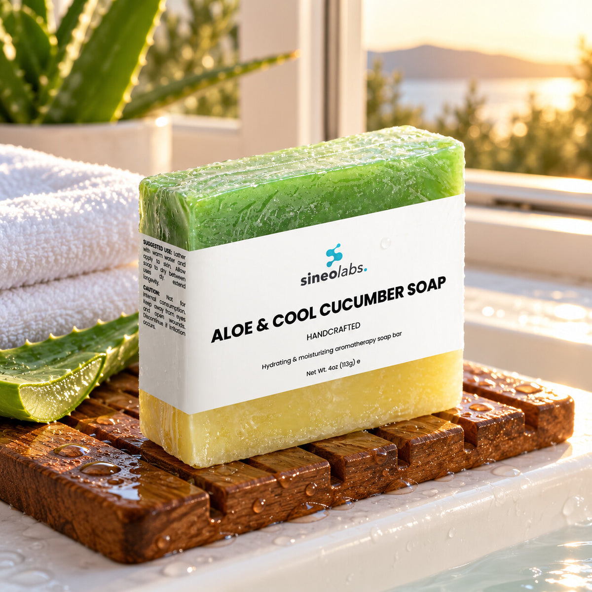 Aloe & Cool Cucumber Soap Bar with Shea Butter on a wet wooden soap dish on the edge of a white bathtub by an open window in bright summer evening light