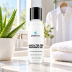 Aloe & Tea Tree Radiance Gel, 2% Willow Bark on a bright bathroom counter in clean morning light beside a small potted aloe plant and a folded white towel