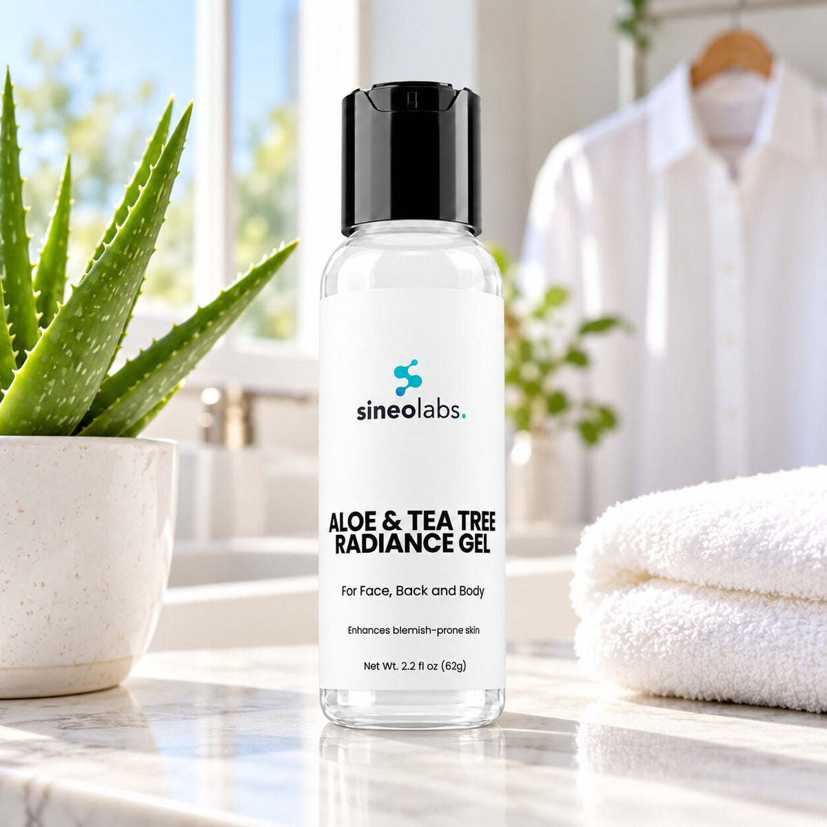 Aloe & Tea Tree Radiance Gel, 2% Willow Bark on a bright bathroom counter in clean morning light beside a small potted aloe plant and a folded white towel