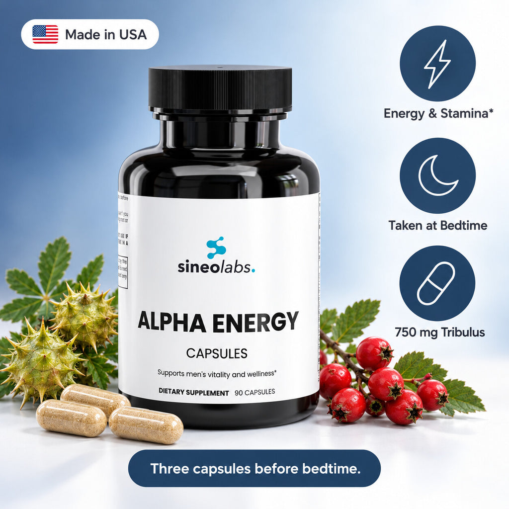 Alpha Energy Capsules with Tribulus & Tongkat Ali: Energy & Stamina, Taken at Bedtime, 750 mg Tribulus