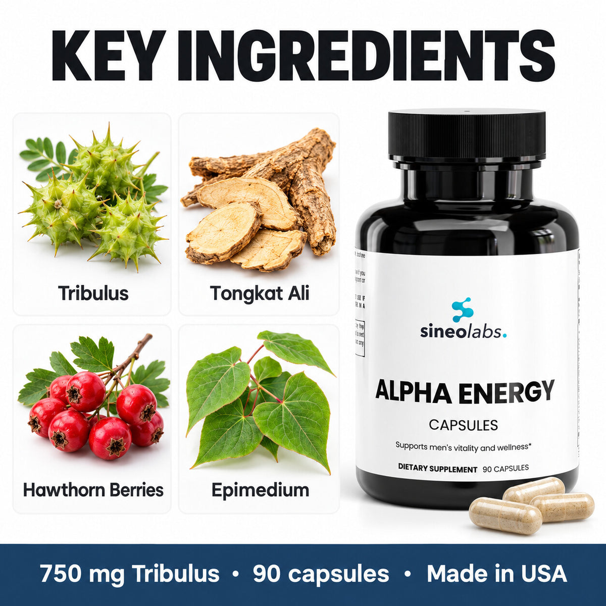 Alpha Energy Capsules with Tribulus & Tongkat Ali: Tribulus, Tongkat Ali, Hawthorn Berries, Epimedium