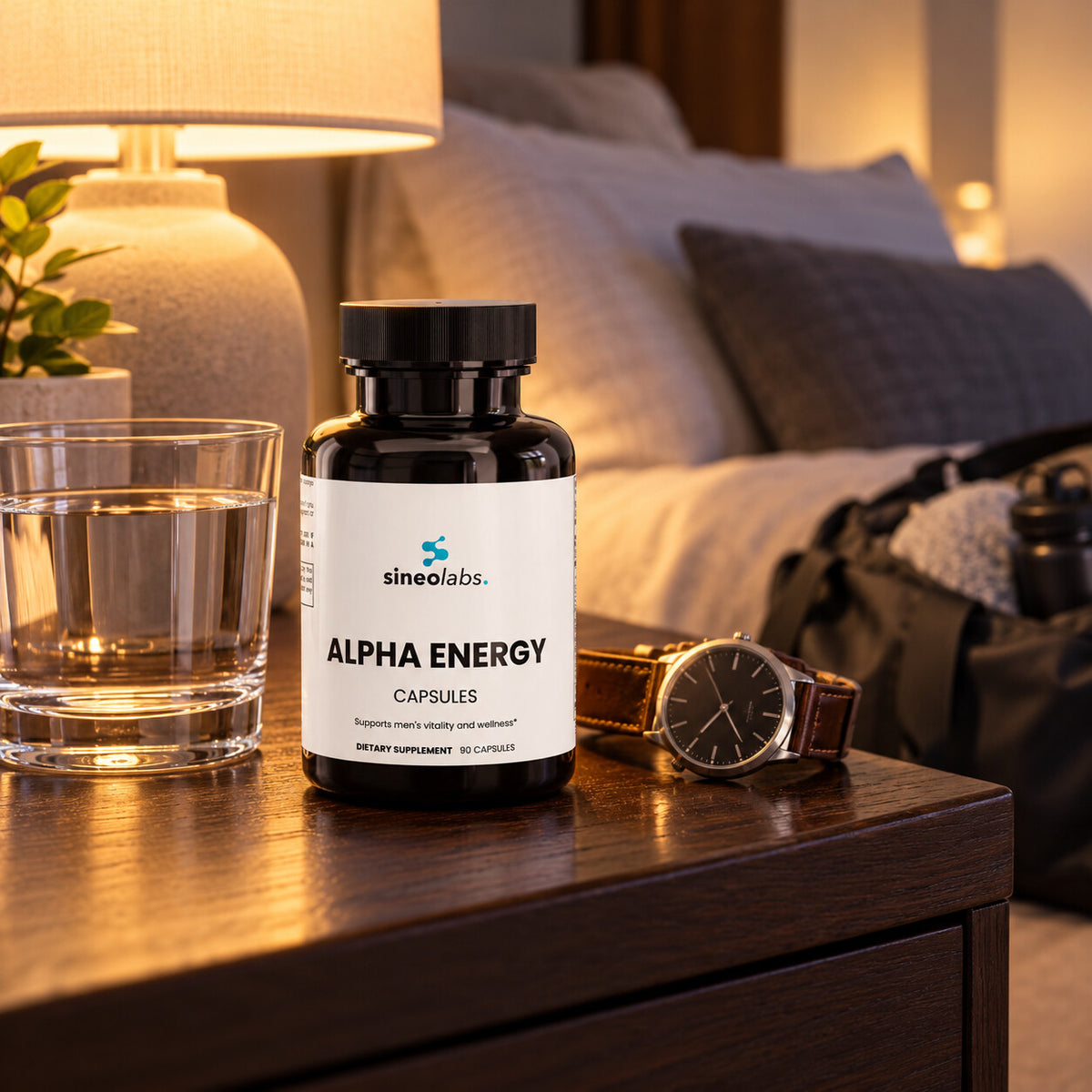 Alpha Energy Capsules with Tribulus & Tongkat Ali on a dark wood dresser in warm lamp light at bedtime