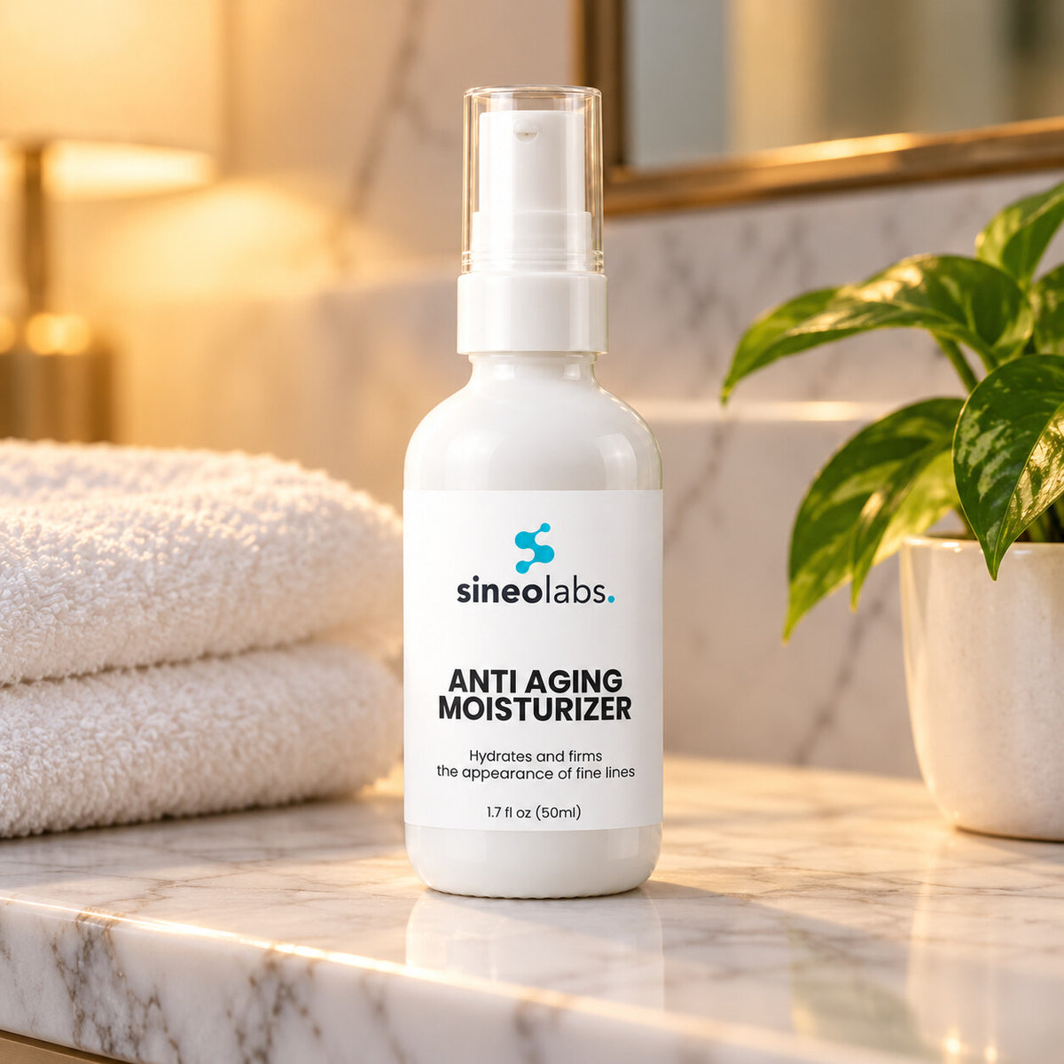 Anti Aging Moisturizer with Retinol & Ceramides alone on a clean white marble bathroom shelf in soft evening lamp light