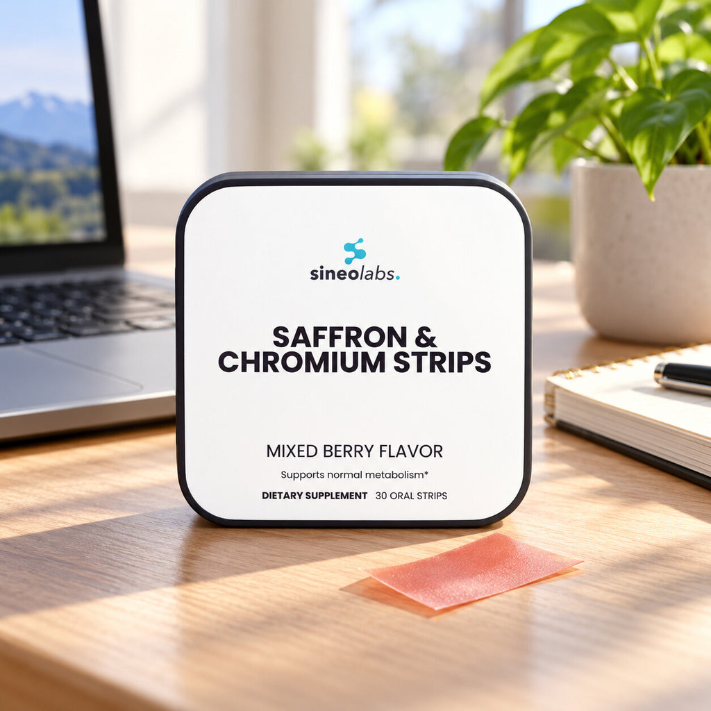 Saffron & Chromium Oral Strips, Mixed Berry on a tidy office desk in bright afternoon light beside an open laptop