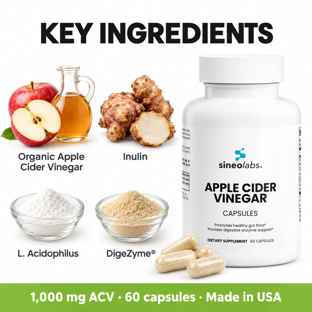Organic Apple Cider Vinegar Capsules 1,000mg: Organic Apple Cider Vinegar, Inulin, L. Acidophilus, DigeZyme®