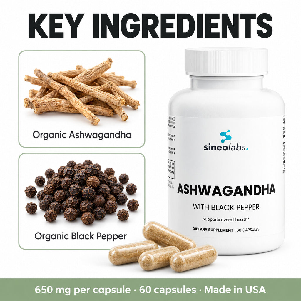 Organic Ashwagandha Root Capsules 650mg: Organic Ashwagandha, Organic Black Pepper