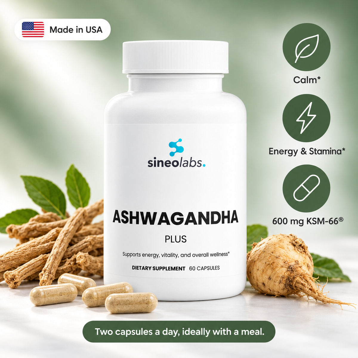 Ashwagandha Plus, KSM-66 600mg with Maca: Calm, Energy & Stamina, 600 mg KSM-66®