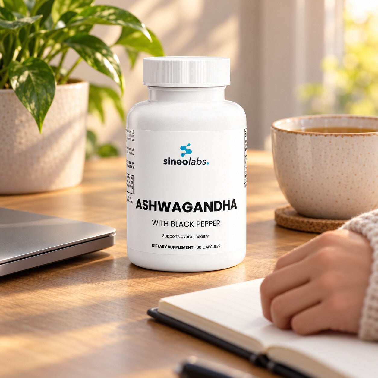 Organic Ashwagandha Root Capsules 650mg on a tidy home desk in soft late-afternoon light beside a closed laptop