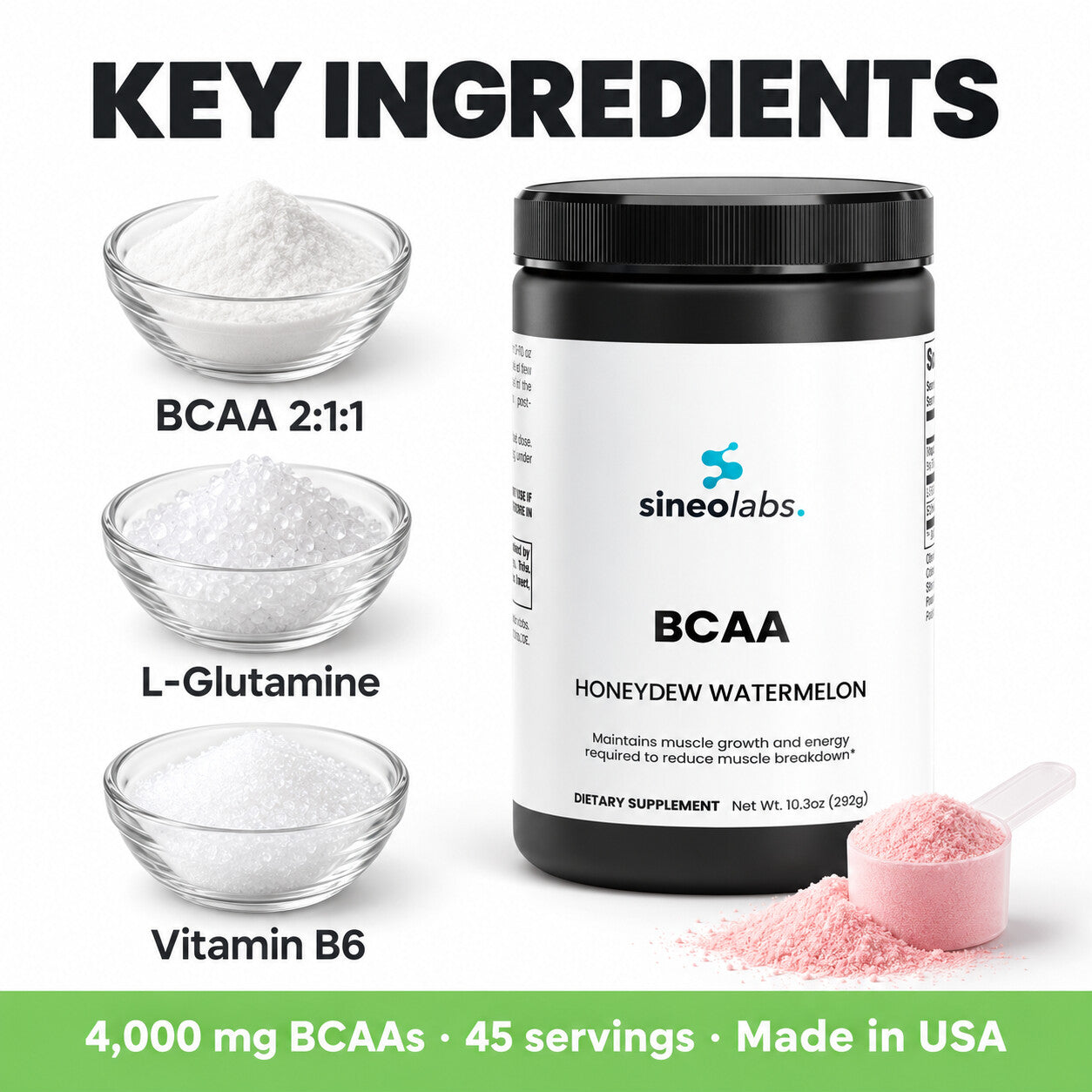 BCAA Post Workout Powder 2:1:1, Honeydew Watermelon: BCAA 2:1:1, L-Glutamine, Vitamin B6