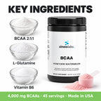 BCAA Post Workout Powder 2:1:1, Honeydew Watermelon: BCAA 2:1:1, L-Glutamine, Vitamin B6