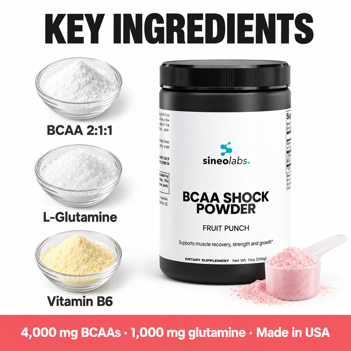 BCAA Shock Powder 2:1:1, Fruit Punch: BCAA 2:1:1, L-Glutamine, Vitamin B6