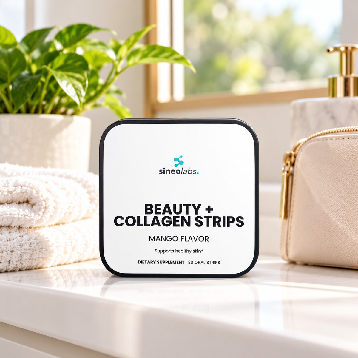 Beauty + Collagen Oral Strips, Mango on a white bathroom shelf in soft morning light