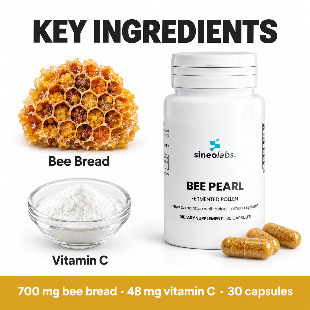Bee Pearl Freeze-Dried Bee Bread Capsules 700mg: Bee Bread, Vitamin C