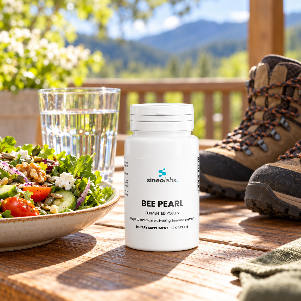 Bee Pearl Freeze-Dried Bee Bread Capsules 700mg on a wooden table on a sunny porch at lunchtime