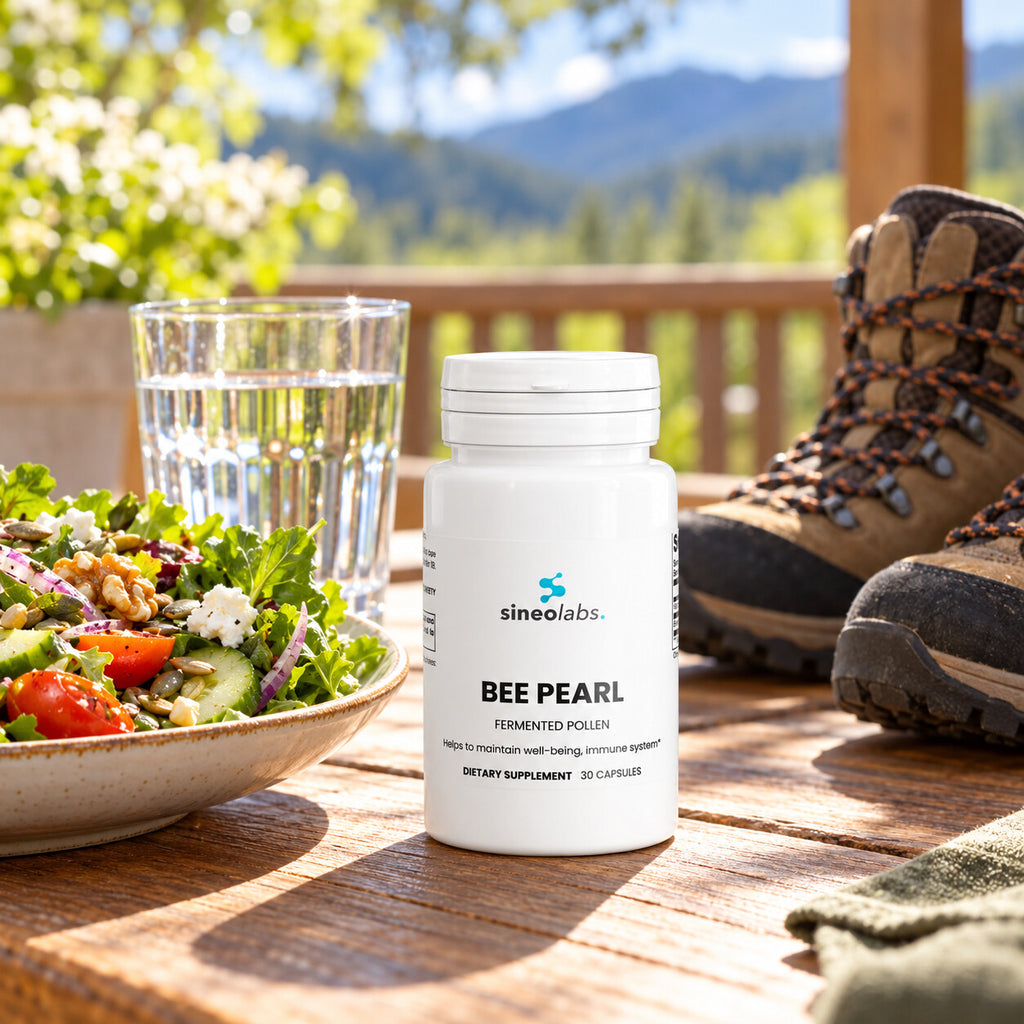 Bee Pearl Freeze-Dried Bee Bread Capsules 700mg on a wooden table on a sunny porch at lunchtime