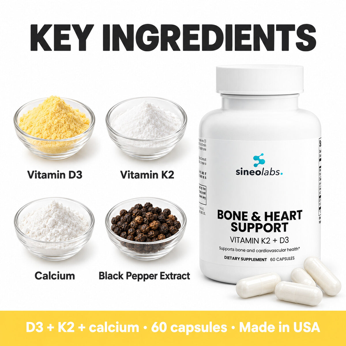 Bone & Heart Support with Vitamin D3 & K2 MK-7: Vitamin D3, Vitamin K2, Calcium, Black Pepper Extract
