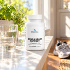 Bone & Heart Support with Vitamin D3 & K2 MK-7 on a sunny kitchen windowsill in bright morning light