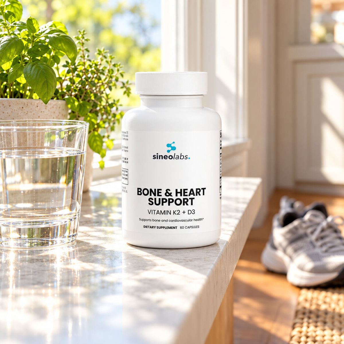 Bone & Heart Support with Vitamin D3 & K2 MK-7 on a sunny kitchen windowsill in bright morning light