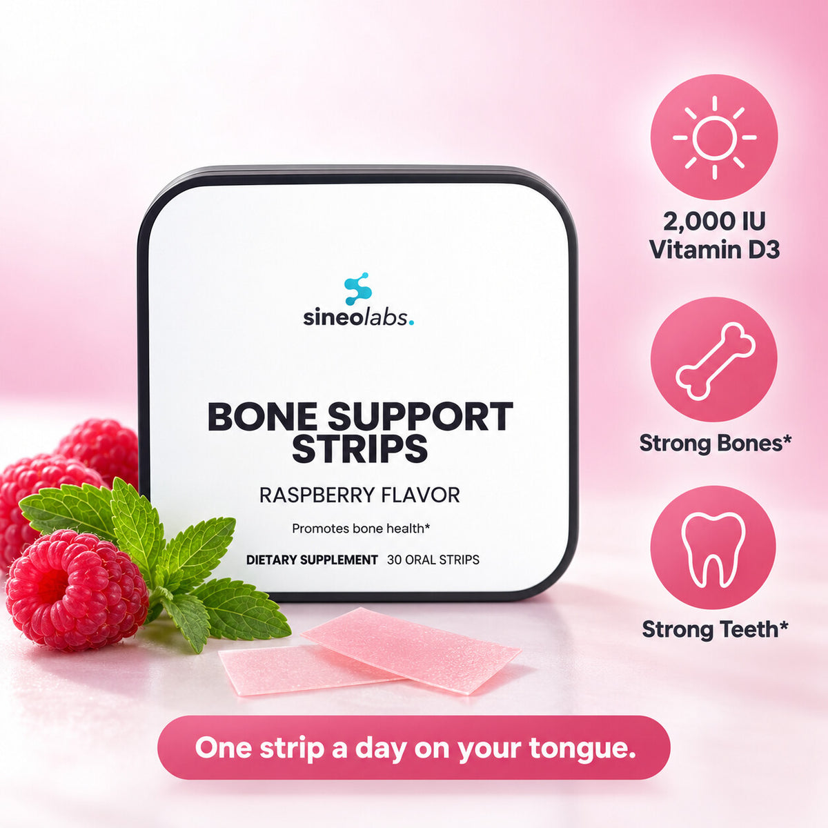 Bone Support Oral Strips, D3 + K2, Raspberry: 2,000 IU Vitamin D3, Strong Bones, Strong Teeth