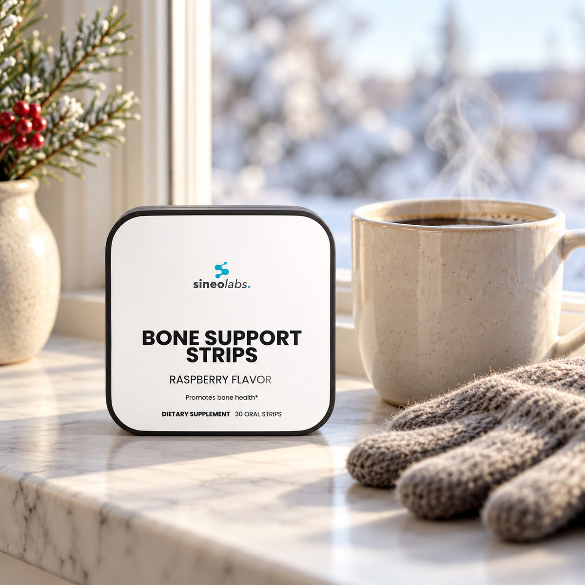 Bone Support Oral Strips, D3 + K2, Raspberry on a kitchen windowsill in pale winter morning light