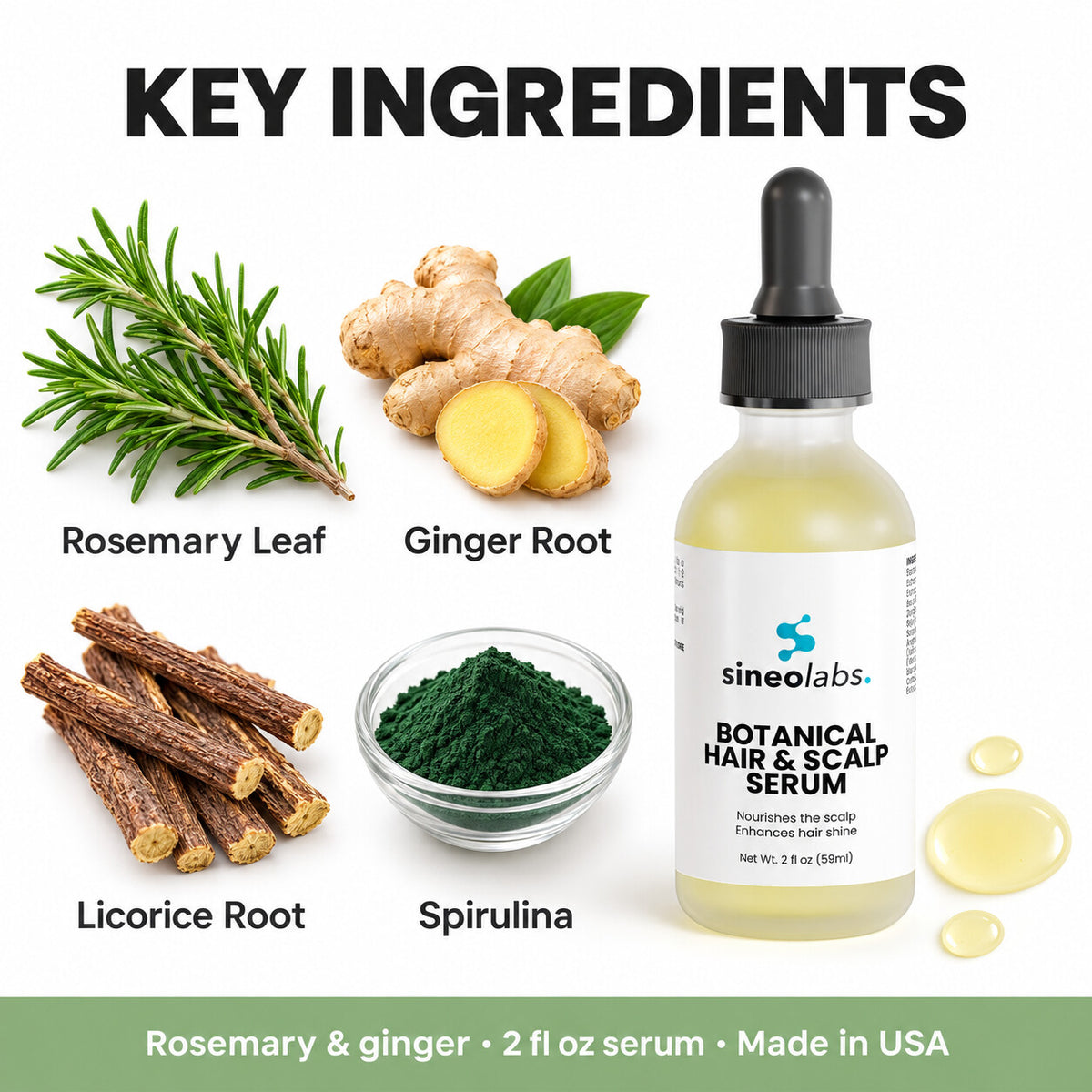 Botanical Hair & Scalp Serum with Rosemary: Rosemary Leaf, Ginger Root, Licorice Root, Spirulina