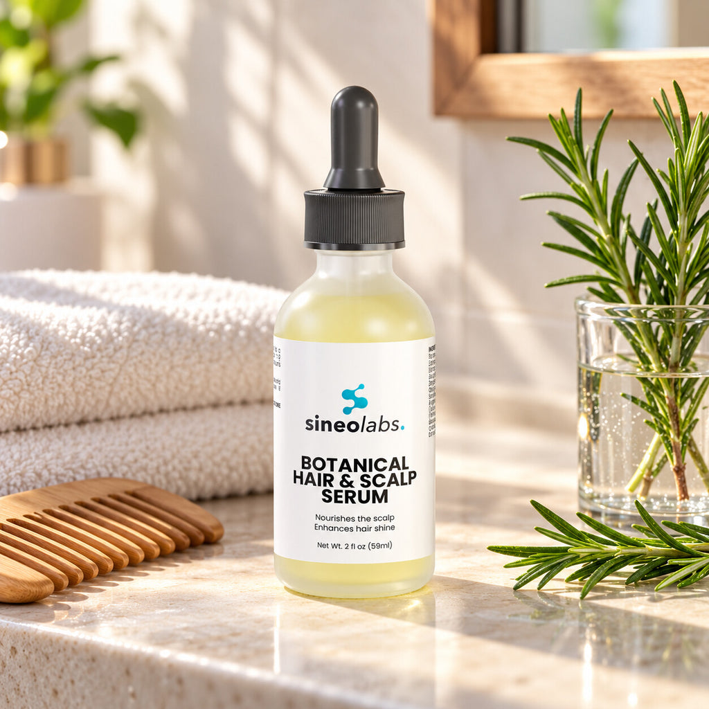Botanical Hair & Scalp Serum with Rosemary on a bathroom shelf in soft morning light beside a wooden comb