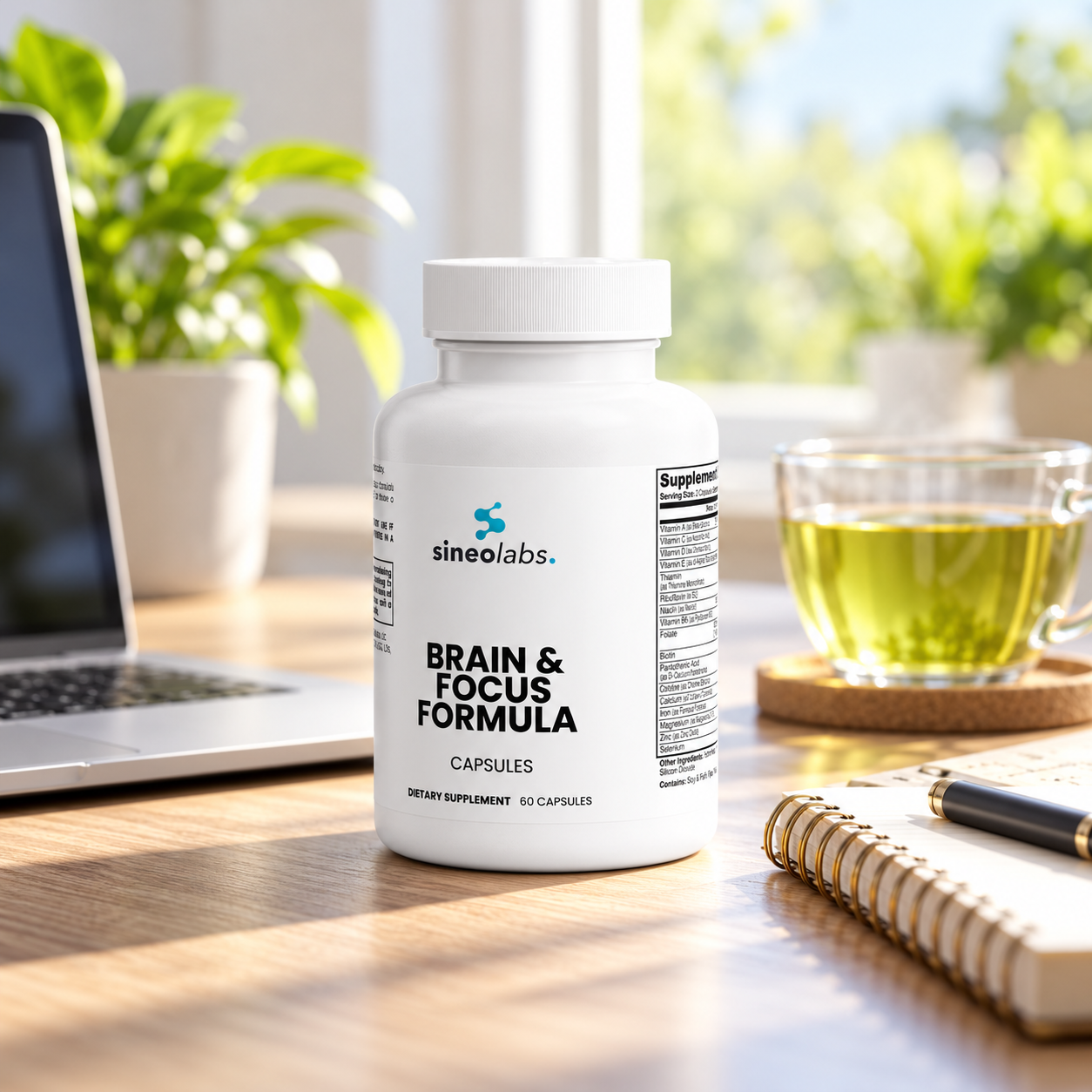 Brain & Focus Formula on a desk beside a laptop and a cup of green tea