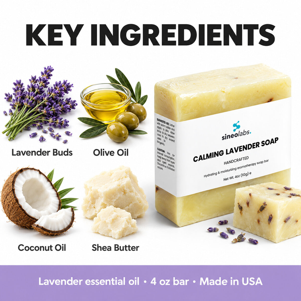 Calming Lavender Soap Bar with Shea Butter: Lavender Buds, Olive Oil, Coconut Oil, Shea Butter