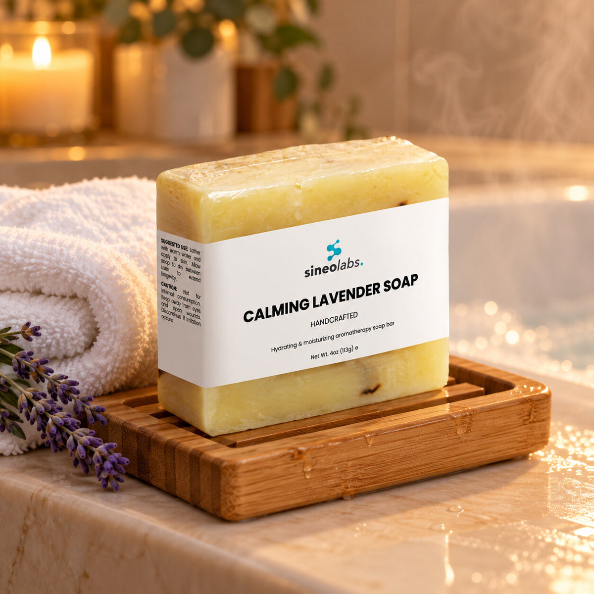 Calming Lavender Soap Bar with Shea Butter on a wooden soap dish on the edge of a bathtub in warm evening light