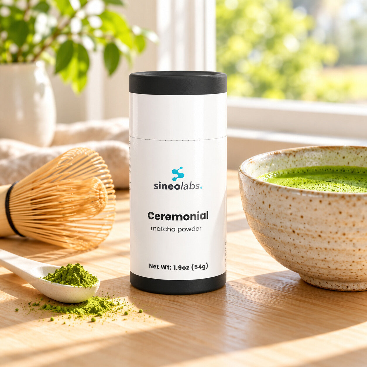 Ceremonial Matcha Green Tea Powder from Kyoto, Japan on a light wooden table by a sunny window beside a ceramic bowl of frothy bright green matcha