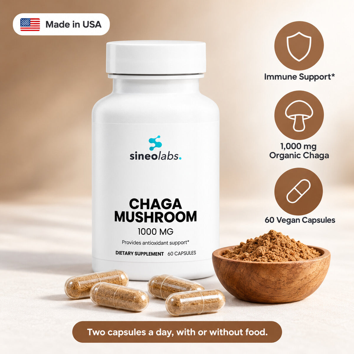 Organic Chaga Mushroom Capsules 1,000mg: Immune Support, 1,000 mg Organic Chaga, 60 Vegan Capsules