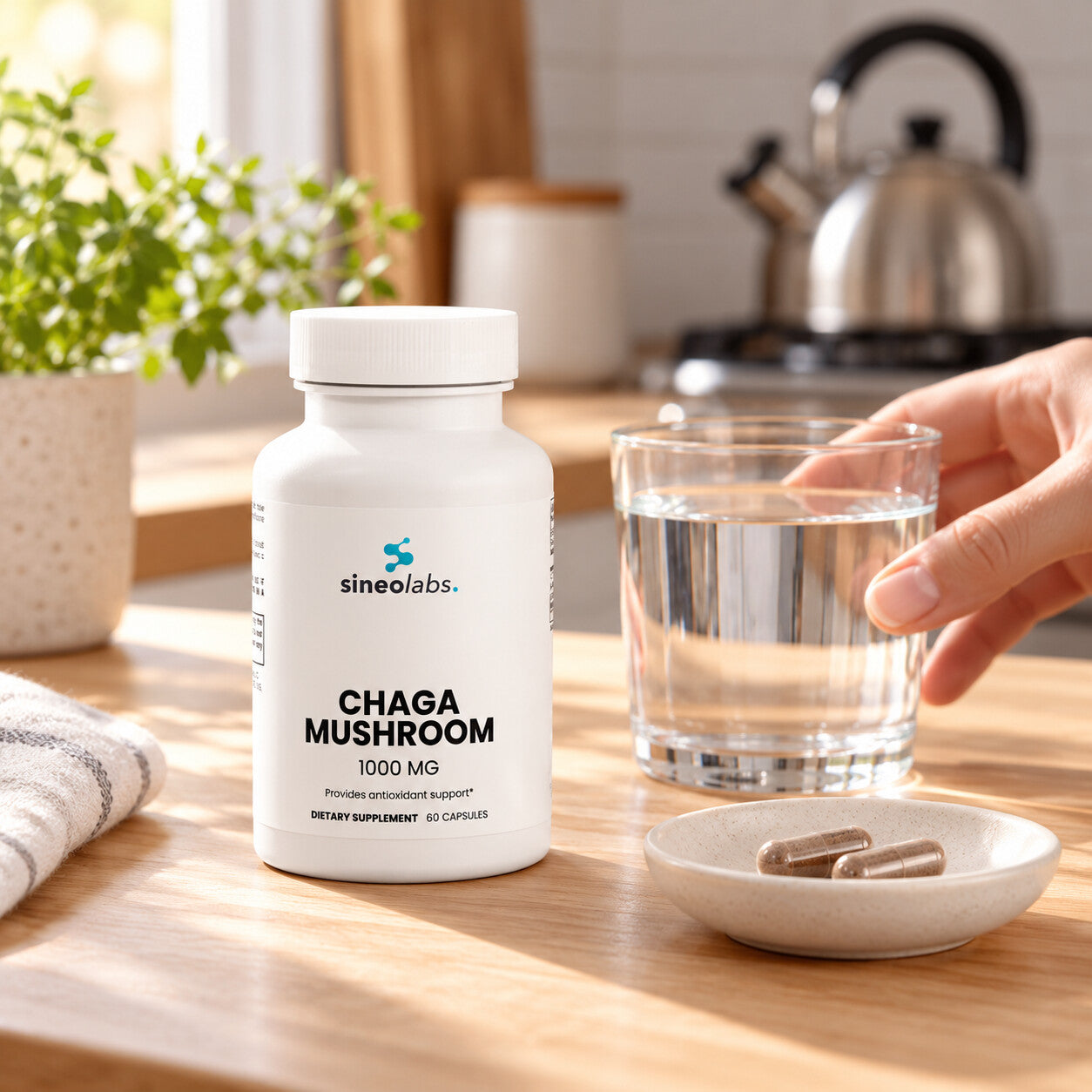 Organic Chaga Mushroom Capsules 1,000mg on a light wooden kitchen counter in calm morning light beside a glass of water and a small dish with two capsules