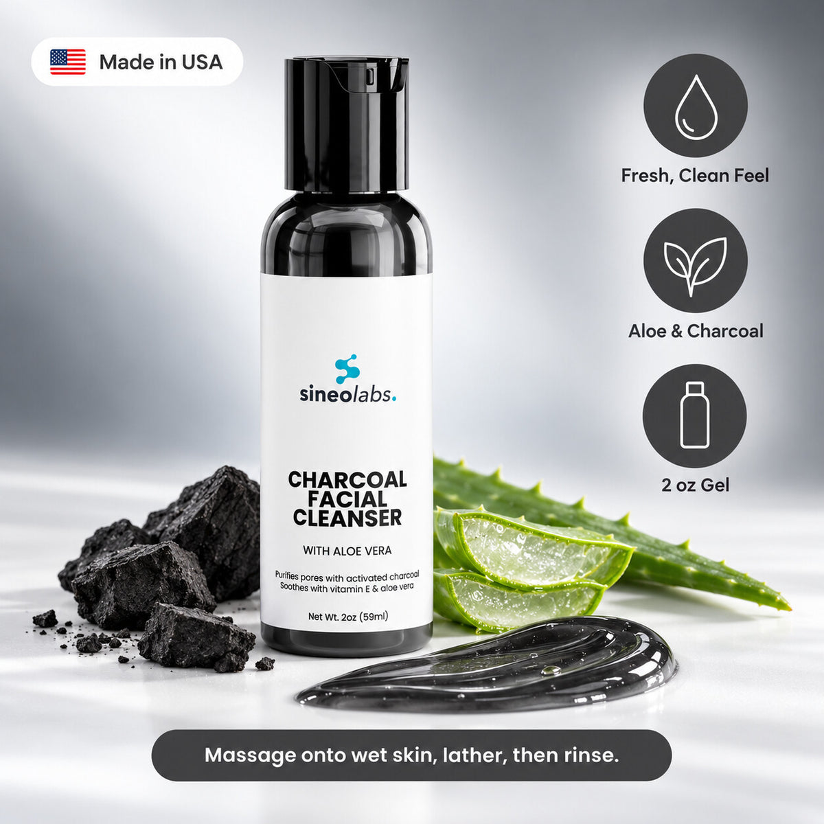 Charcoal Facial Cleanser with Tea Tree Oil & Aloe: Fresh, Clean Feel, Aloe & Charcoal, 2 oz Gel