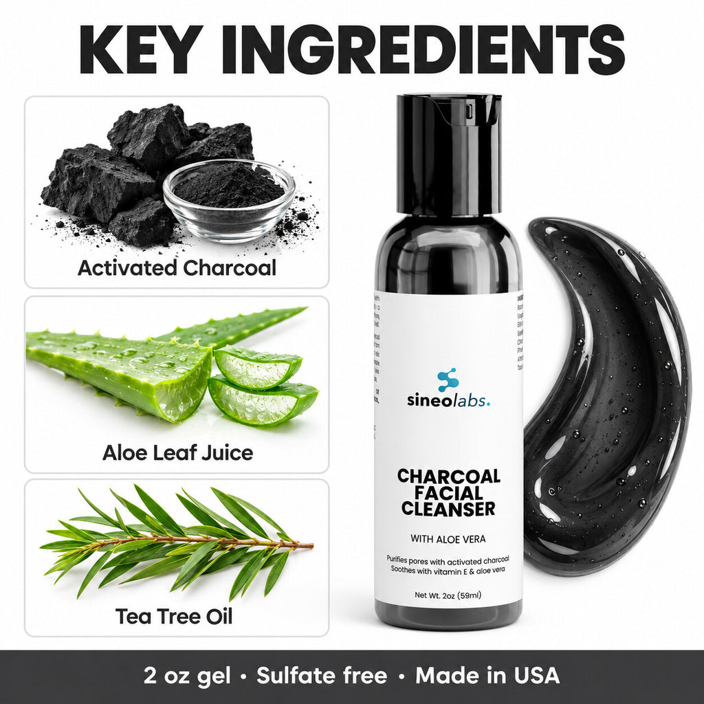 Charcoal Facial Cleanser with Tea Tree Oil & Aloe: Activated Charcoal, Aloe Leaf Juice, Tea Tree Oil