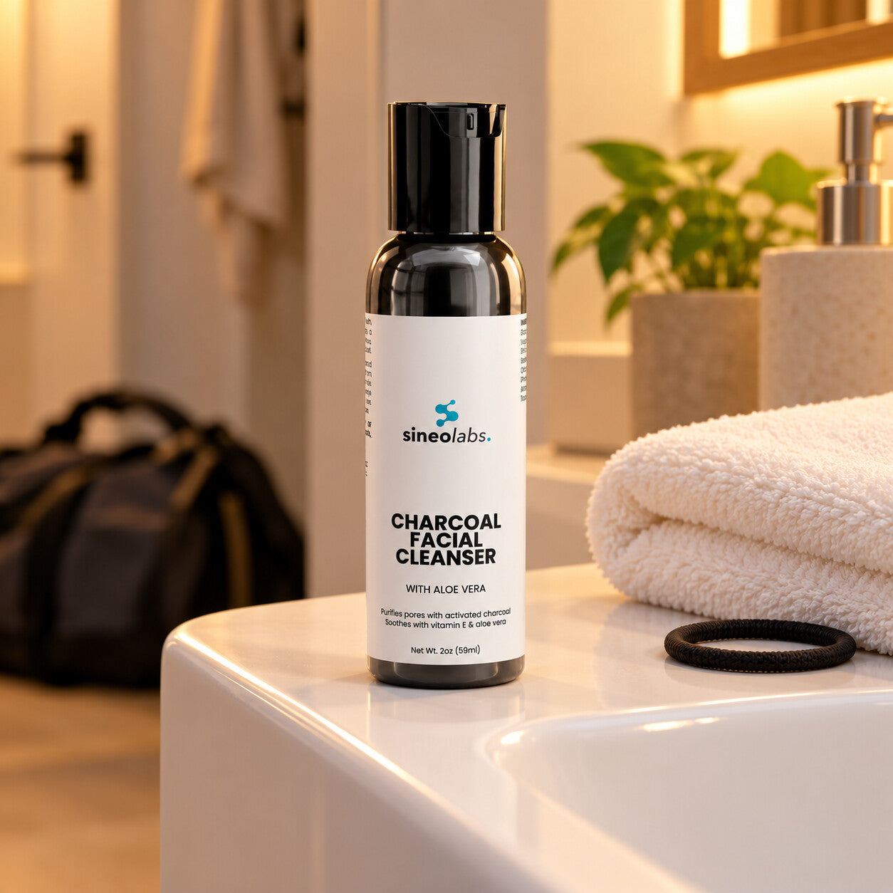Charcoal Facial Cleanser with Tea Tree Oil & Aloe on the edge of a clean white bathroom sink in warm evening light